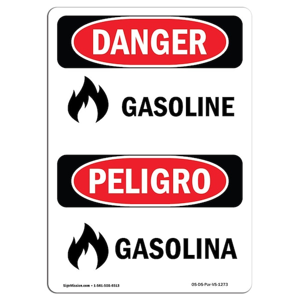 Safety Sign, OSHA Danger, 5" Height, Gasoline, Bilingual Spanish, 10PK